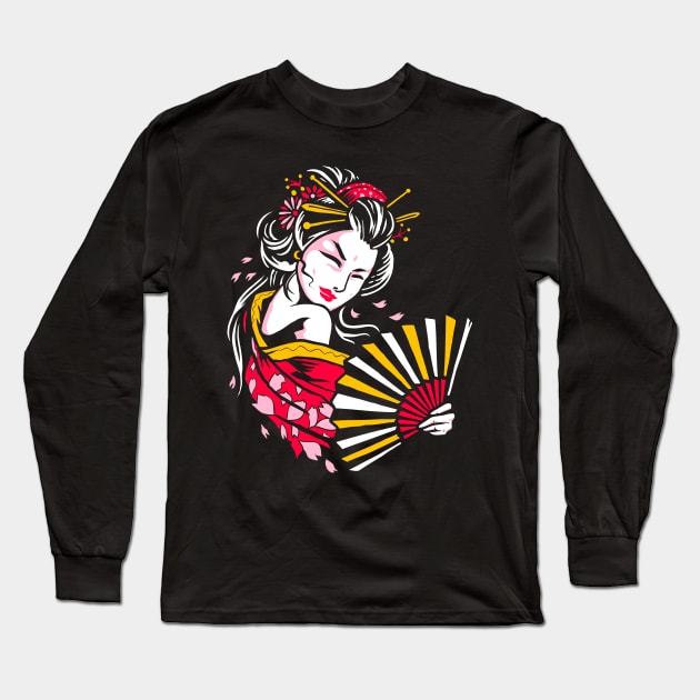 Japanese Geisha Illustration Design Long Sleeve T-Shirt by AST